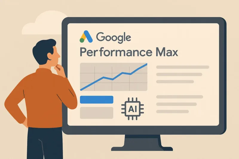 E-handlare som analyserar en Performance Max-översikt med AI och statistik på skärm