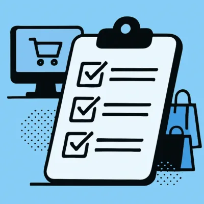 Checklista på clipboard framför e-handelsmiljö med shoppingkasse och skärm