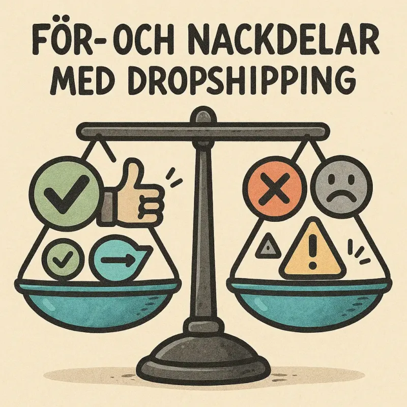 Balansvåg med tydliga ikoner för fördelar och nackdelar med dropshipping