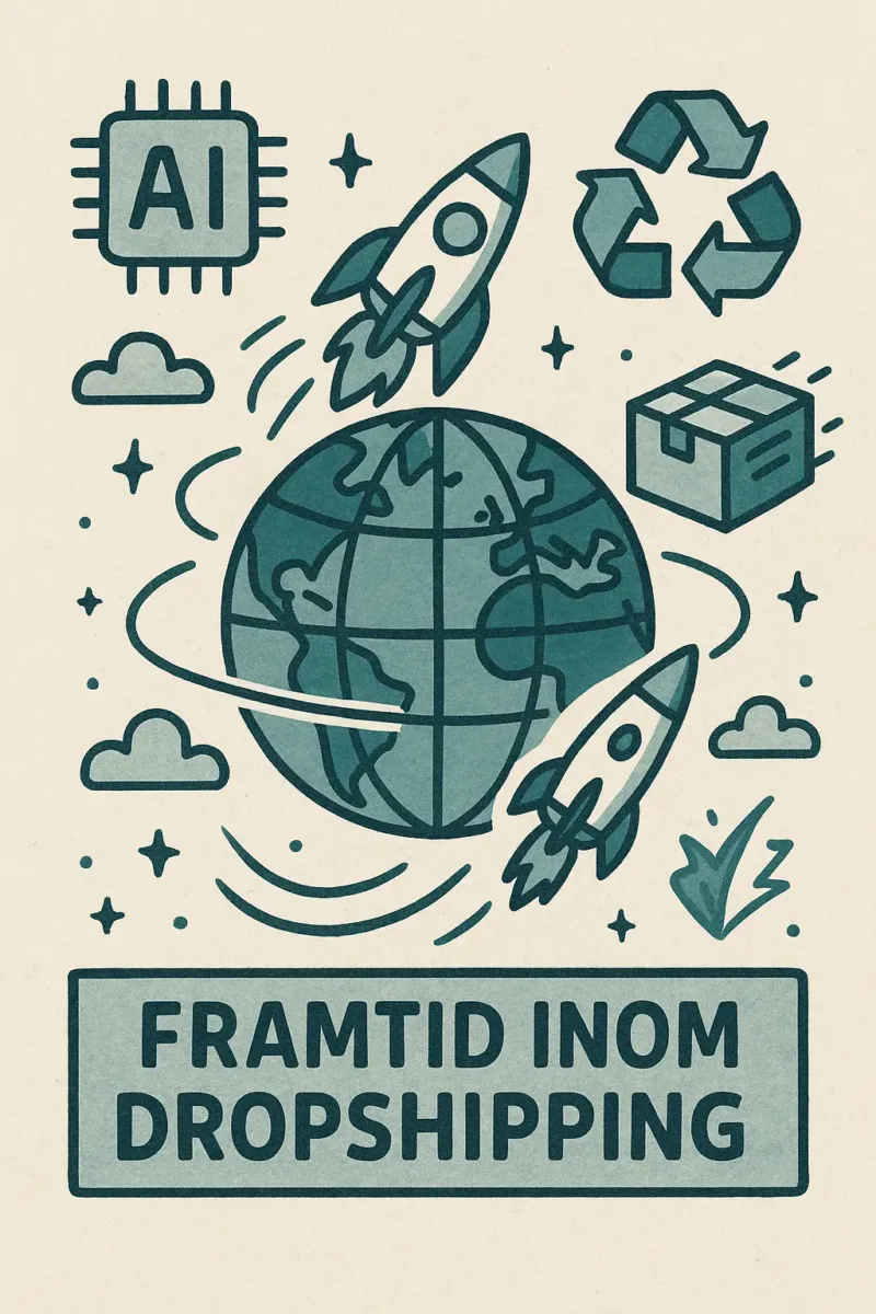 Futuristisk illustration med symboler för AI, hållbarhet och snabba leveranser inom dropshipping.